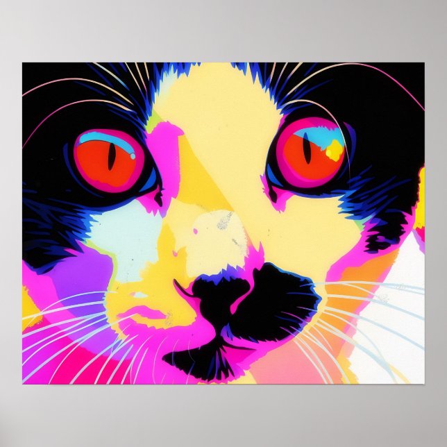 Katt Pop Art Neon Färgglad Affisch (Framsidan)