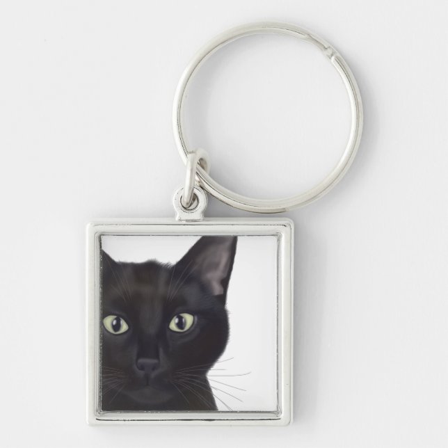 Katt, Porträtt i Gus Fyrkantig Silverfärgad Nyckelring (Framsidan)