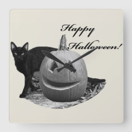Katt & Pumpa Glad Halloween Fyrkantig Klocka