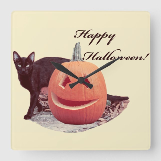 Katt & Pumpa Glad Halloween Fyrkantig Klocka (Framsida)