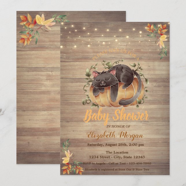 Katt,Pumpkin,String Ljus,Wood Struktur Baby Shower Inbjudningar (Fram/baksida)