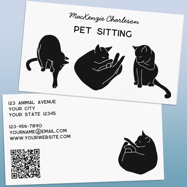 Katt QR-kod Husdjursservice Minimalistisk Visitkort (Modern minimalist block print cats personalized QR code pet sitting business cards)