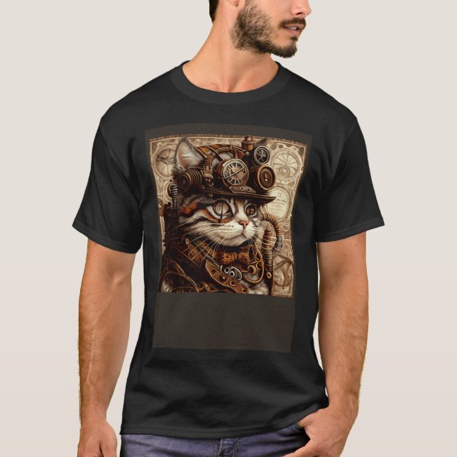 Katt Quiltning Steampunk T Shirt (Framsida)