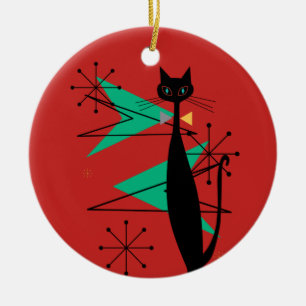 Katt R för MCM för Retro atom- århundrade för Era Julgransprydnad Keramik