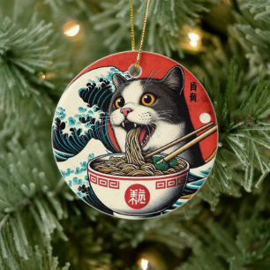 Katt Ramen Japansk Konst Vintage Stil Julgransprydnad Keramik