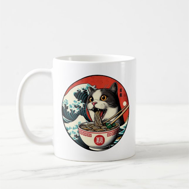 Katt Ramen Japansk Konst Vintage Stil Kaffemugg (Vänster)
