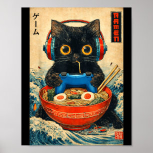 Katt Ramen Japanska Roliga Grafiska Tees Kawaii Ka Poster