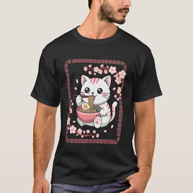 Katt Ramen Tid Whimsical Nudel Karaktär Konst T Shirt (Framsida)
