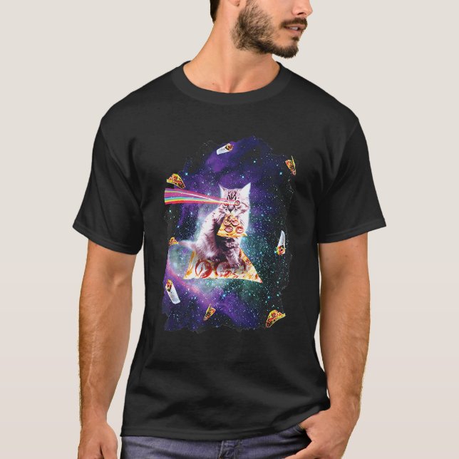 Katt Regnbåge Laser Ögon Ridande Pizza Astronaut K T Shirt (Framsida)