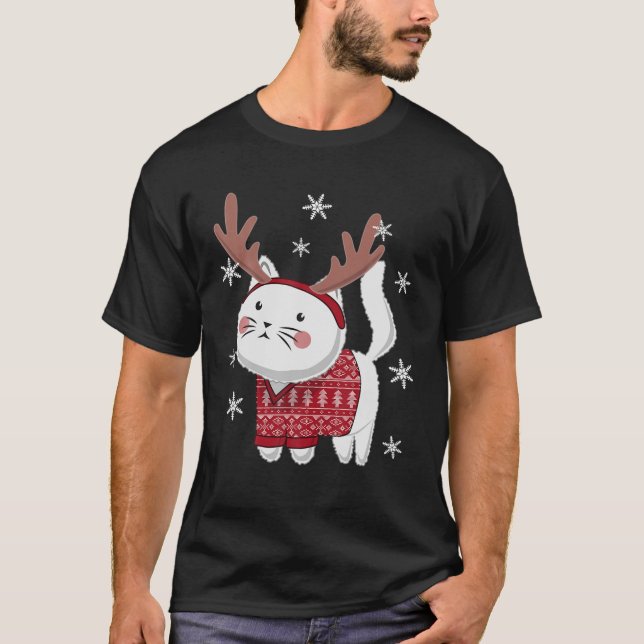 Katt Reindeer Antlers Headba, söt julsötare T Shirt (Framsida)