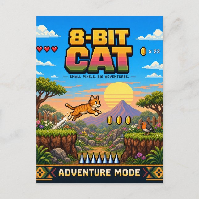 Katt, Retro 8-Bit Pixel Art Vykort (Framsida)