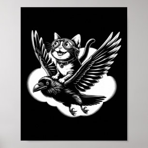 Katt rida en Kråka _ Katt på flygande raven Funny Poster