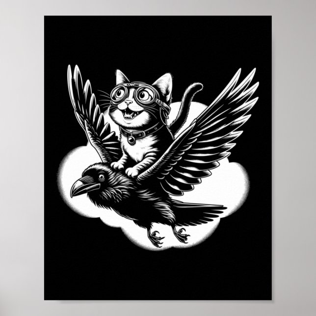 Katt rida en Kråka _ Katt på flygande raven Funny  Poster (Framsidan)