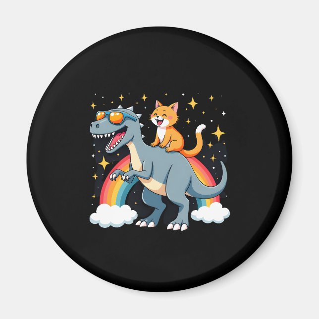 Katt ridande dinosaurie T-Rex kattunge regnbåge Di Magnet (Framsidan)