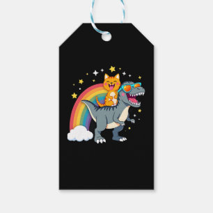 Katt ridande dinosaurie T-Rex kattunge regnbåge Di Presentetikett