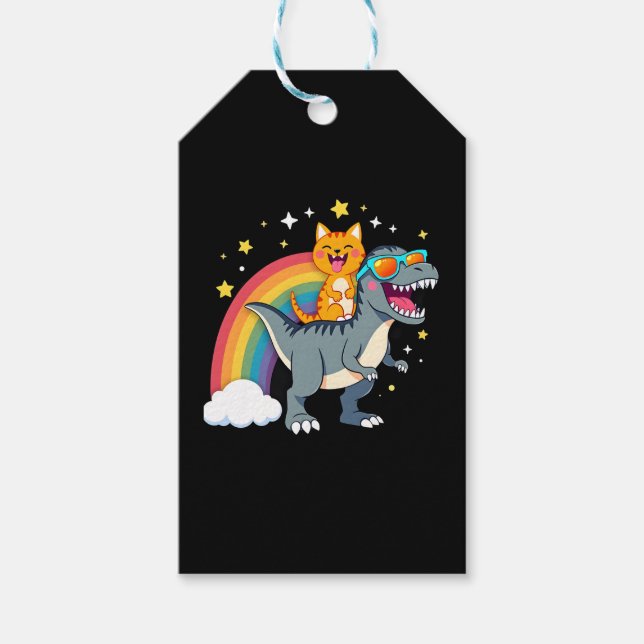 Katt ridande dinosaurie T-Rex kattunge regnbåge Di Presentetikett (Framsidan)