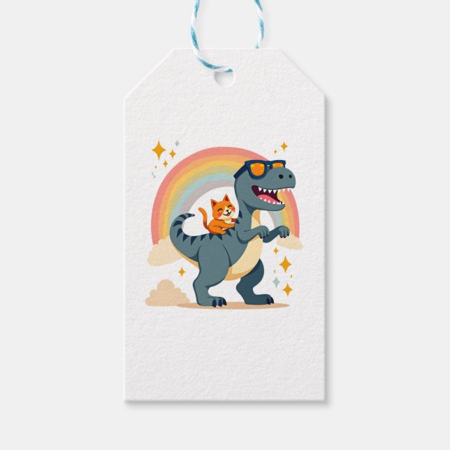 Katt ridande dinosaurie T-Rex kattunge regnbåge Di Presentetikett (Framsidan)