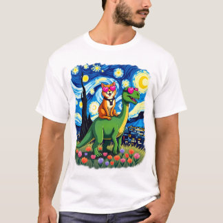 Katt Ridande Dinosaurie T-Rex Stjärnklar Natt Katt T Shirt