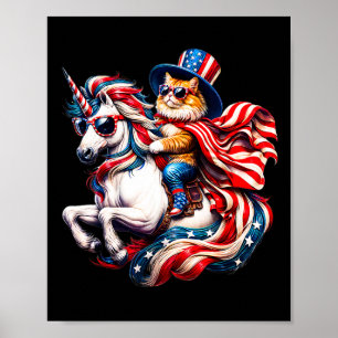 Katt Ridande Enhörning Usa Flagga Patriotisk 4:e J Poster