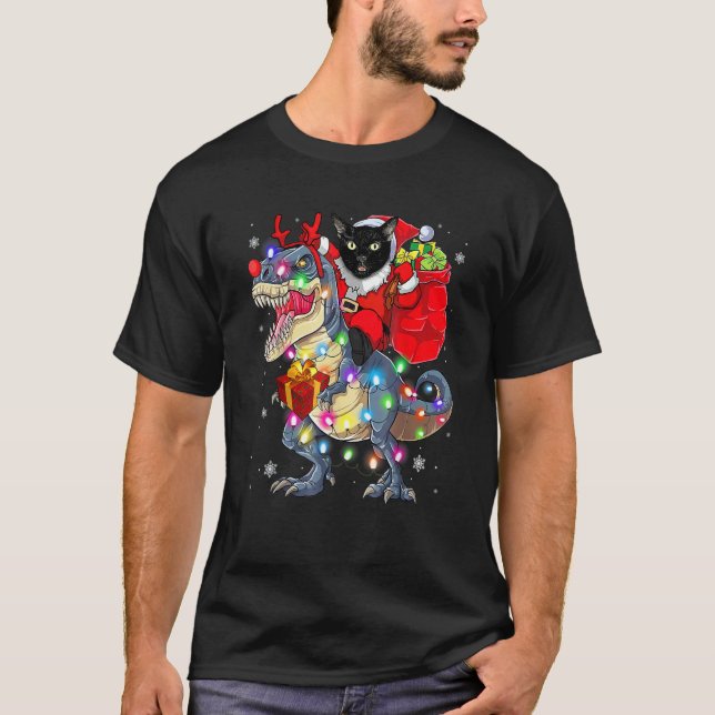 Katt Ridande På En Dinosaur Rex Jul T Shirt (Framsida)