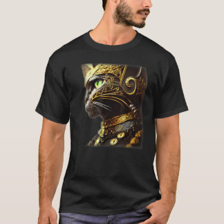 Katt riddare iförd svart guldbroderad rustning t shirt