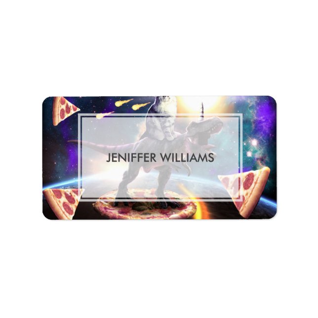 Katt rider dinosaur unicorn i rymden adressetikett (Framsidan)