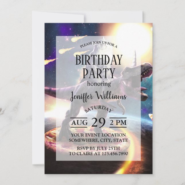 Katt rider dinosaur unicorn i rymden inbjudningar (Framsida)