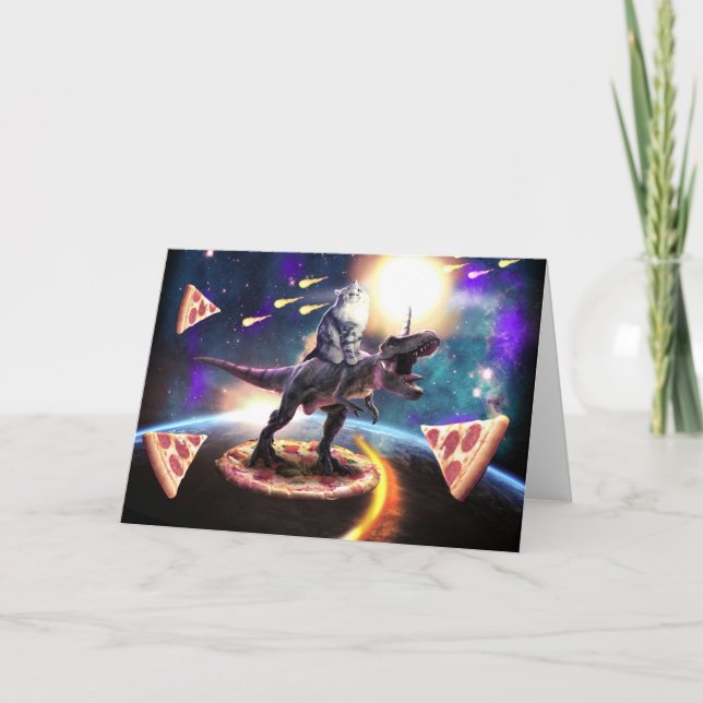 Katt rider dinosaur unicorn i rymden kort (Framsida)