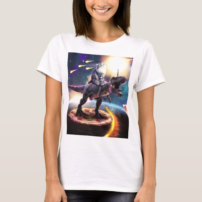 Katt rider dinosaur unicorn i rymden t shirt (Framsida)