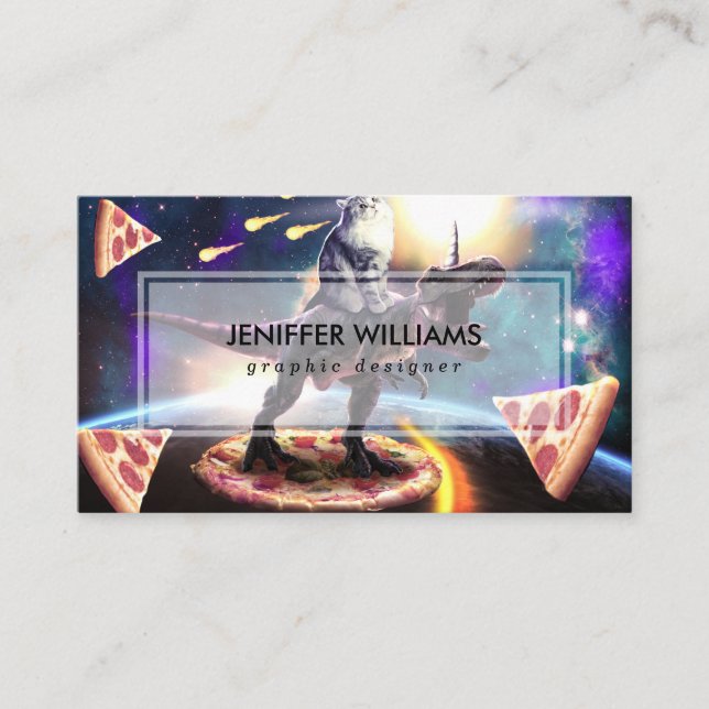 Katt rider dinosaur unicorn i rymden visitkort (Framsida)