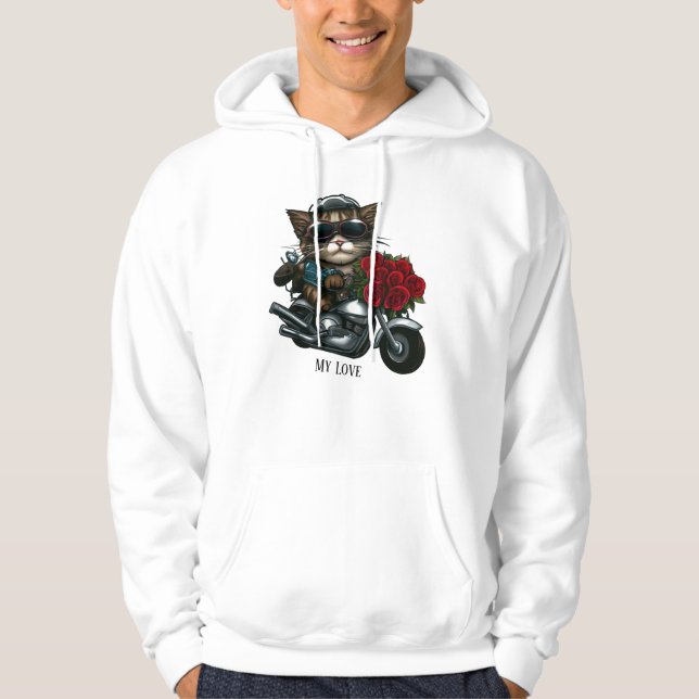 Katt ridmotorcykel röd ros blommor min kärlek T- Hoodie (Framsida)