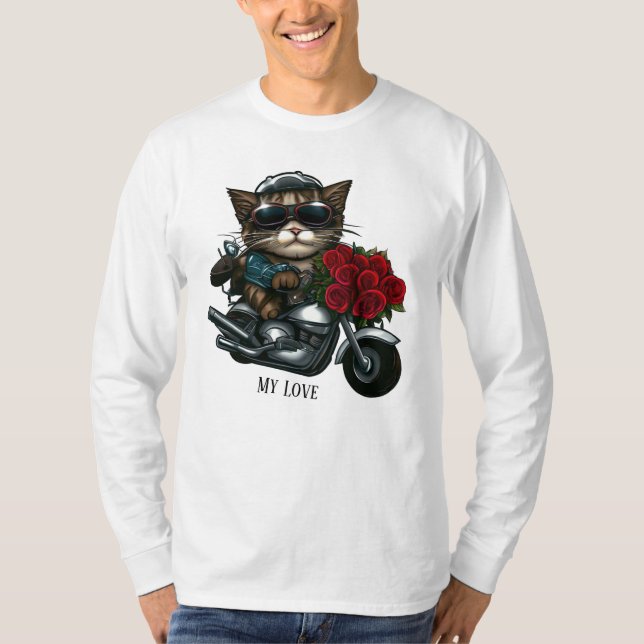 Katt ridmotorcykel röd ros blommor min kärlek T- T Shirt (Framsida)