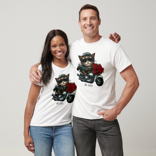 Katt ridmotorcykel röd ros blommor min kärlek T- T Shirt (Unisex)