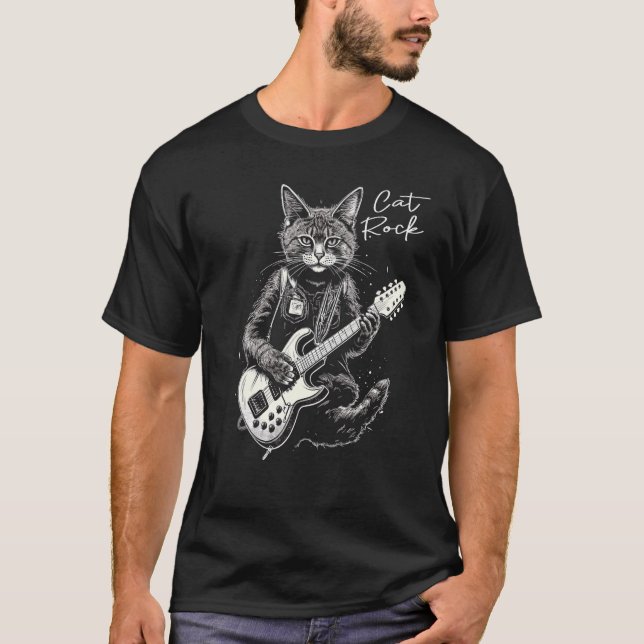 Katt Rock I Rock Katt Spelar Gitarr I Rolig Gitarr T Shirt (Framsida)