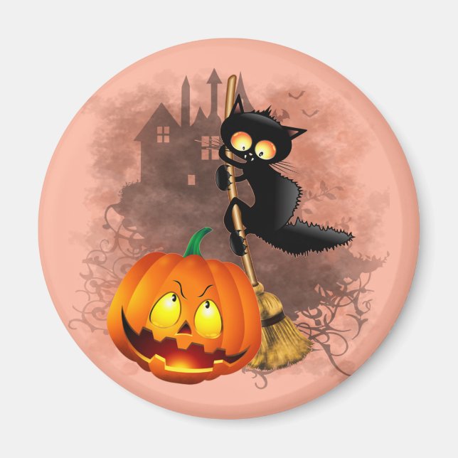 Katt Roligt Halloween-tecken skrämt med en Pumpkin Magnet (Framsidan)