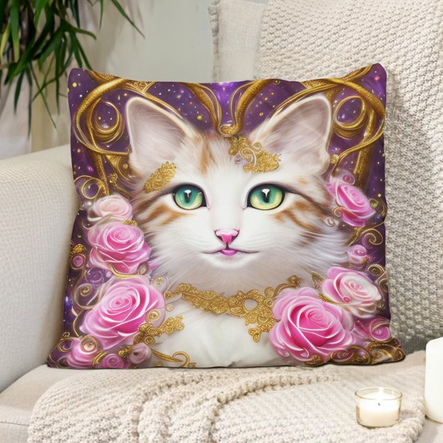 Katt Rosa Guld Rosor Målning Kudde (Cute cat, pink roses, gold, and purple pillow)