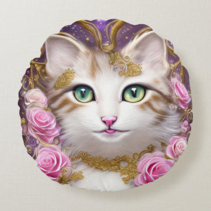 Katt Rosa Guld Rosor Målning Rund Kudde