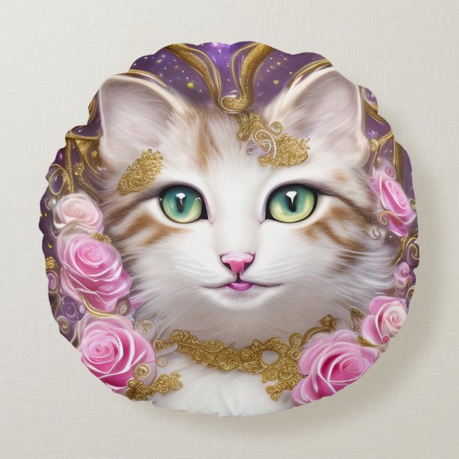 Katt Rosa Guld Rosor Målning Rund Kudde (Framsidan)