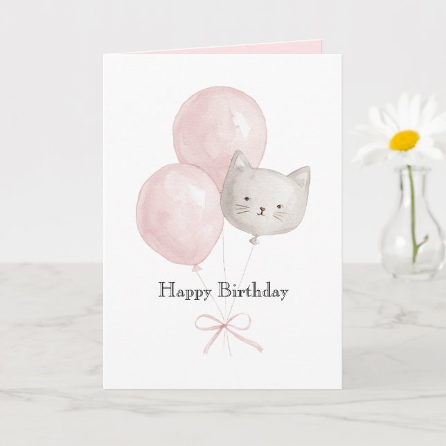 Katt Rosablommor Rosa Ballonger Födelsedag Kort (Liten växt)