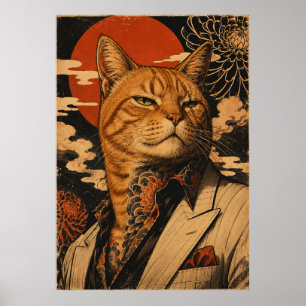 Katt Samurai Vintage Japansk Affisch