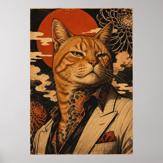 Katt Samurai Vintage Japansk Affisch  (Framsidan)