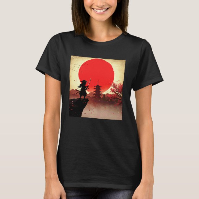 Katt-samuraj för män cool japansk konst blommande  t shirt (Framsida)
