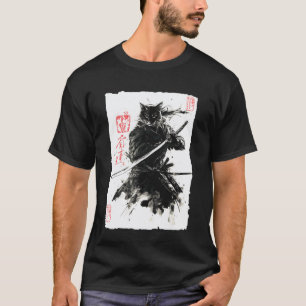 Katt Samuraj Japansk Sumi-e-målning Katana-konst T Shirt