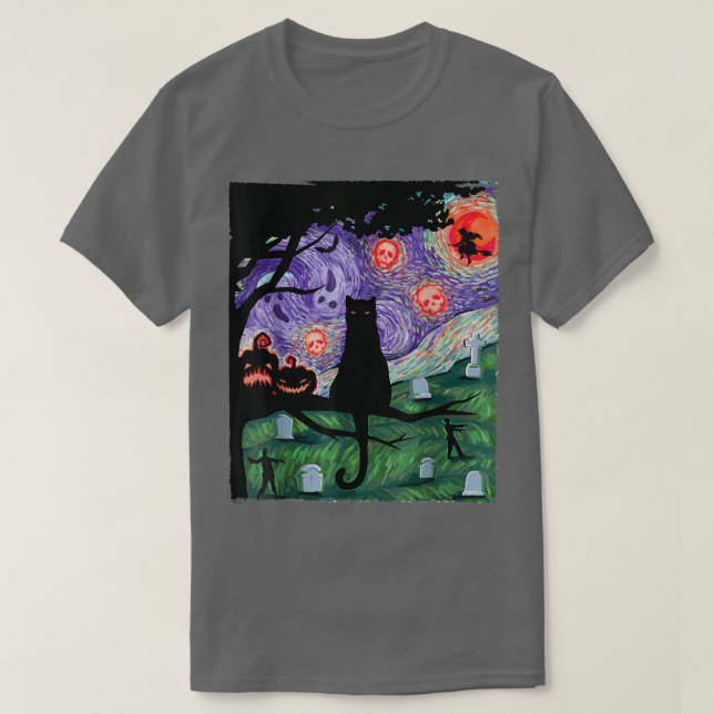 Katt, Scary Night Cat, Van Gogh, Halloween T Shirt (Design framsida)
