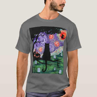 Katt, Scary Night Cat, Van Gogh, Halloween T Shirt
