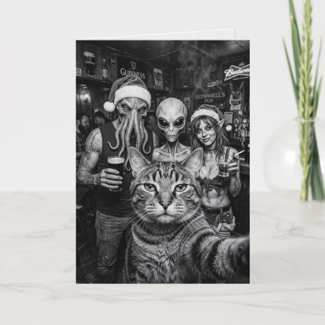 Katt Selfie Bigfoot Alien Tomte Bar Jul Kort (Framsida)
