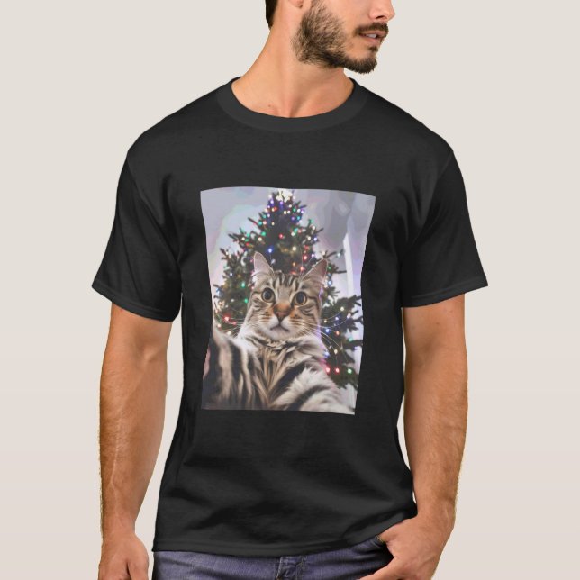 Katt Selfie Julgran T Shirt (Framsida)