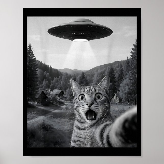 Katt Selfie Med Alien Ufo Rolig Katt Rolig Ed Katt Poster (Framsidan)
