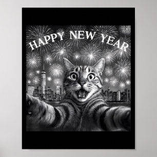 Katt Selfie Med Firework Nedräkning Roligt Gott Ny Poster