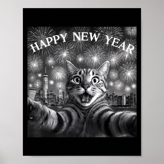 Katt Selfie Med Firework Nedräkning Roligt Gott Ny Poster (Framsidan)